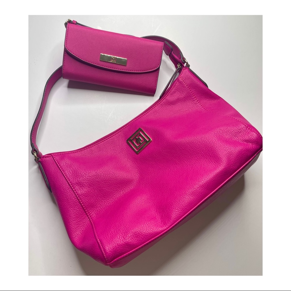 NWOT Liz Claiborne Shocking Pink Medium Shoulder Bag w/ NWT Matching Wallet